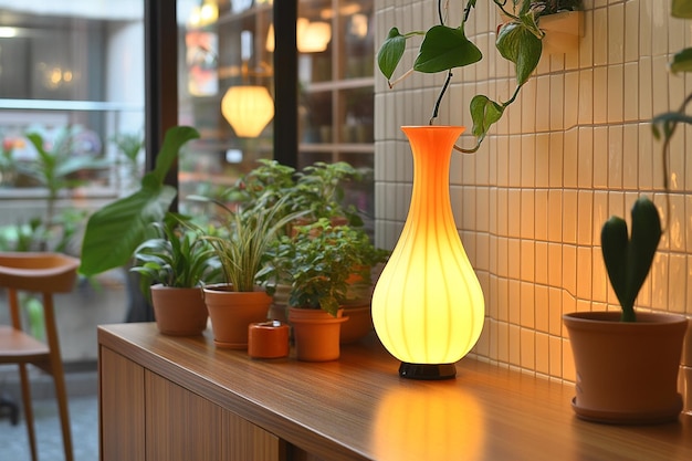 Photo teardropshaped table lamp on a teak wood side table in a midcentury room