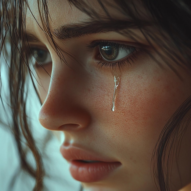 Photo tearful emotions closeup of a tear rolling down