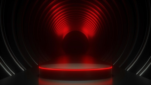 Tech background with product stand in futuristic style neon tunnel light 3D rendering