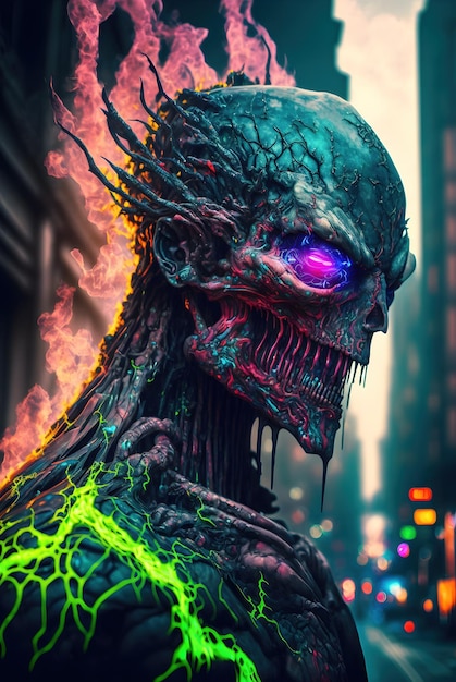 Tech demon made of slime with a giant armor made of ectoplasm on the street of a cyberpunk city Magnificent hypermetamorphosis of the monster illustration