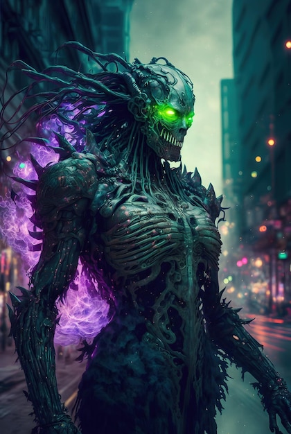 Tech demon made of slime with a giant armor made of ectoplasm on the street of a cyberpunk city Magnificent hypermetamorphosis of the monster illustration