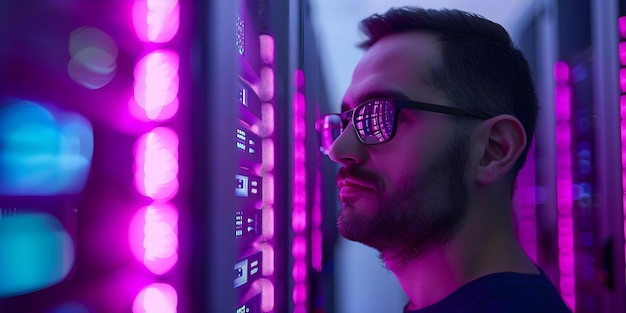 Tech Expert Wearing Glasses Working Near Server Racks in Data Center Concept Technology Data Center Server Racks Glasses Tech Expert