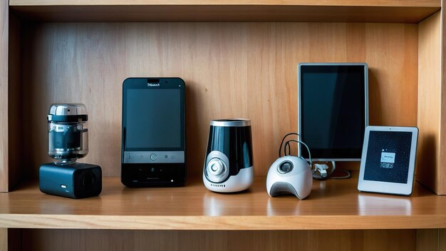 Photo tech gadgets arranged on a shelf with cameras laptop and speaker in a modern setting