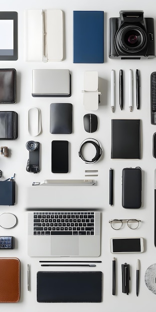 Photo tech gadgets organized on work desk