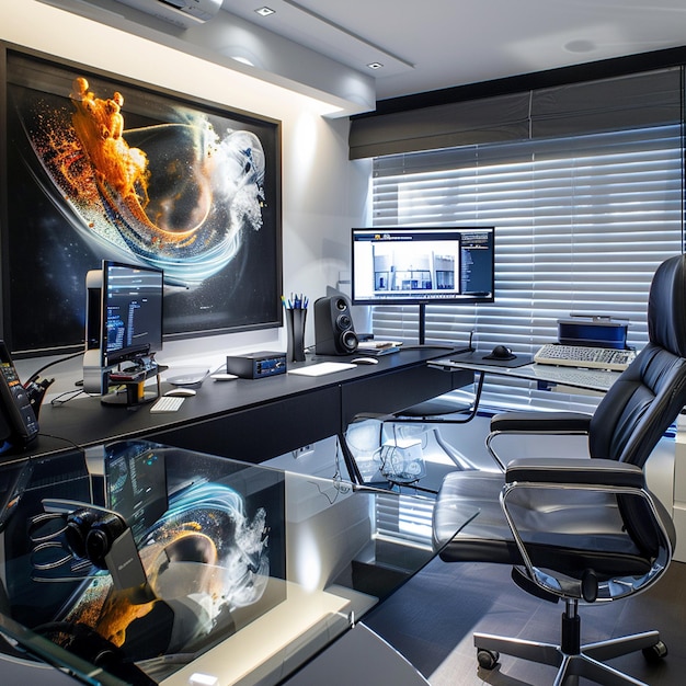 Photo tech haven modern home office with sleek gadgets and ergonomic furniture