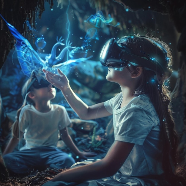 Photo tech for kids kids with ar glasses in a magical vr environment