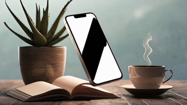 Tech Meets Tranquility A Smartphone with a Blank Screen Rests Amidst Aloe Vera a Book and a Steam