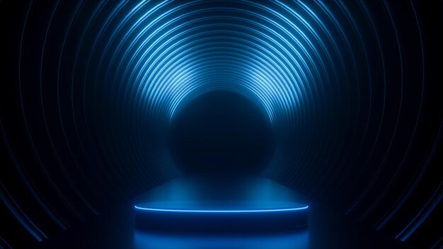 Tech podium with neon illumination in a futuristic tunnel 3D rendering