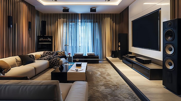 tech savvy entertainment room with integrated audio system featuring black speakers a brown rug