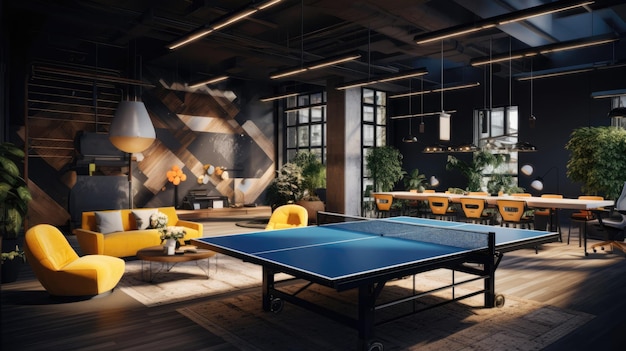 A tech startup workspace featuring a ping pong table and innovative design elements Generative AI