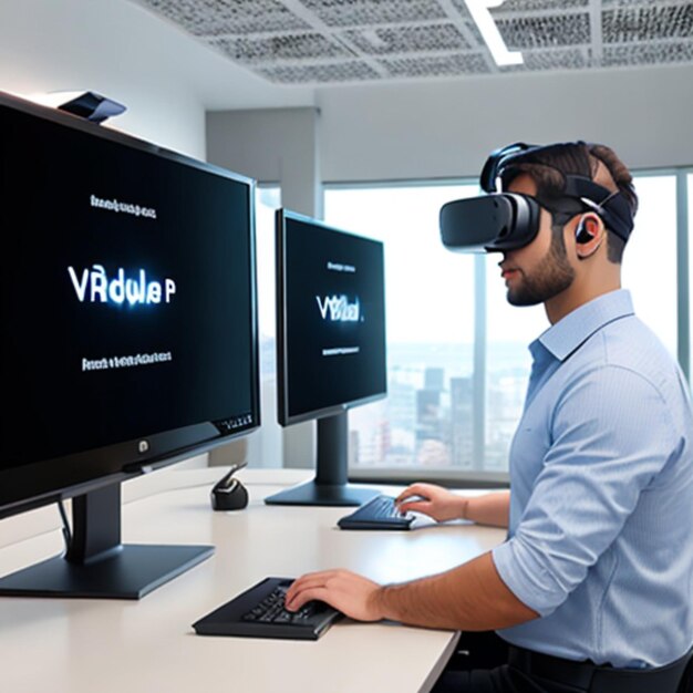 Techdriven workspace with employees using VR headsets and touchscreens