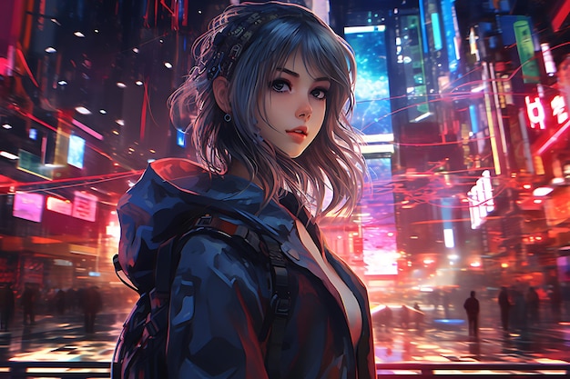 TechElegance Fusion An Anime Girl's Thrive in the Cyberpunk City