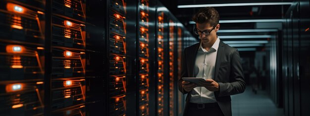 Photo the technical director of the data center is standing in the server room with a laptop in his hands information cloud storage web services concepts