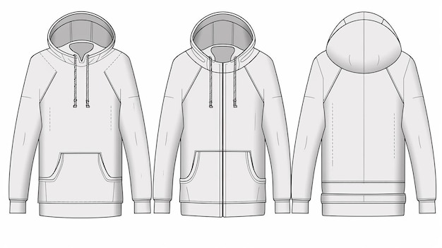 Technical drawing of a hooded sweatshirt design with a zipper pocket and ribbed cuffs and waistband in front side and back views