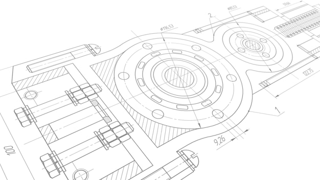 Technical drawing Rotating mechanism of round parts 3D illustration