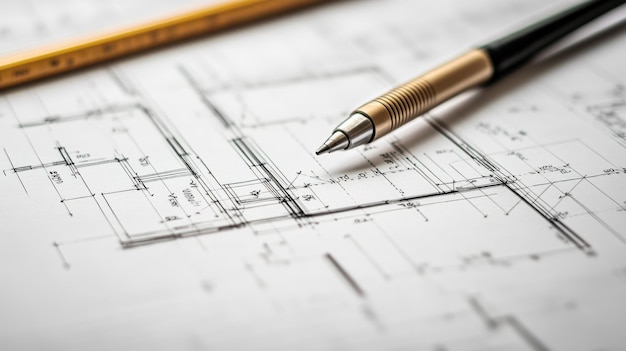 Technical drawing with a pen and pencil on architectural plans