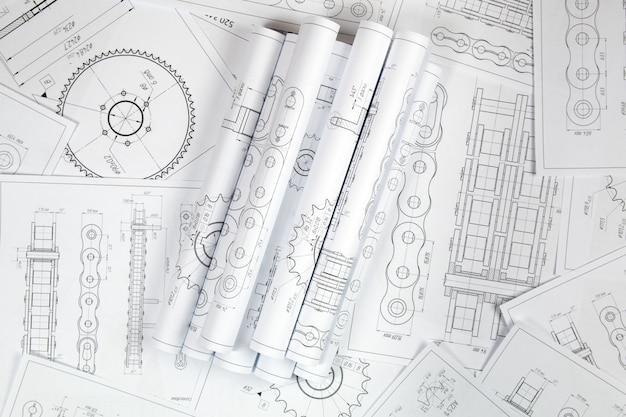 Technical engineering drawing, details of drive industrial chain, sprocket and mechanisms. 