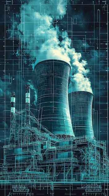 Photo technical nuclear power plant illustration with cooling towers