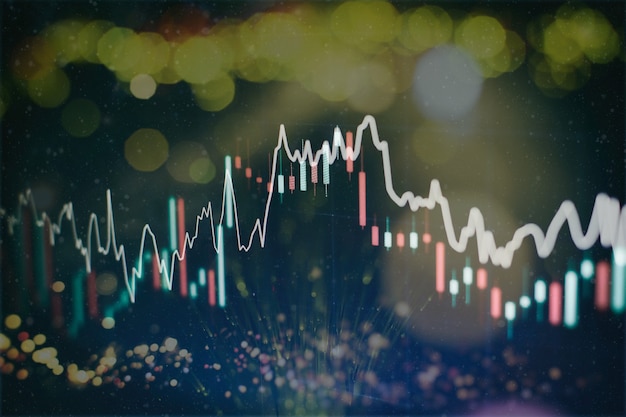 Technical price graph and indicator, red and green candlestick chart on blue theme screen, market volatility, up and down trend. Stock trading, crypto currency background.