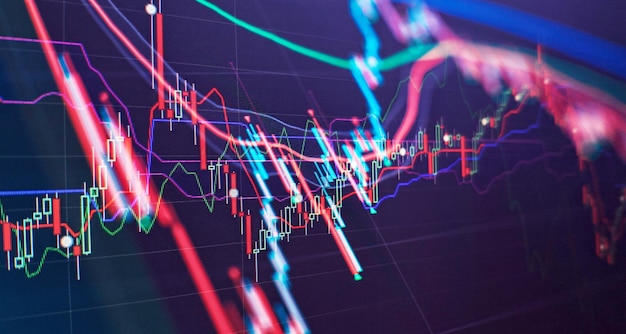 Technical price graph and indicator red and green candlestick chart on blue theme screen market volatility up and down trend Stock trading crypto currency background