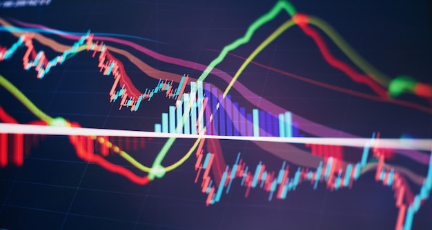 Technical price graph and indicator red and green candlestick chart on blue theme screen market volatility up and down trend Stock trading crypto currency background