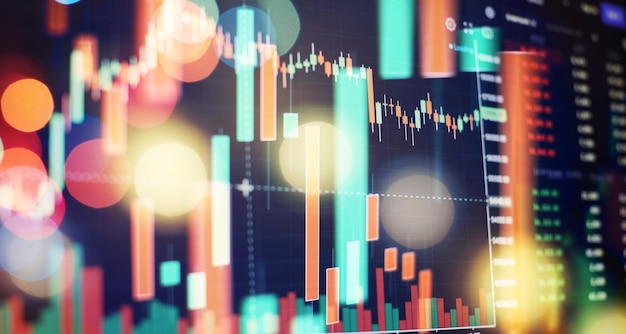 Technical price graph and indicator red and green candlestick chart on blue theme screen market volatility up and down trend Stock trading crypto currency background