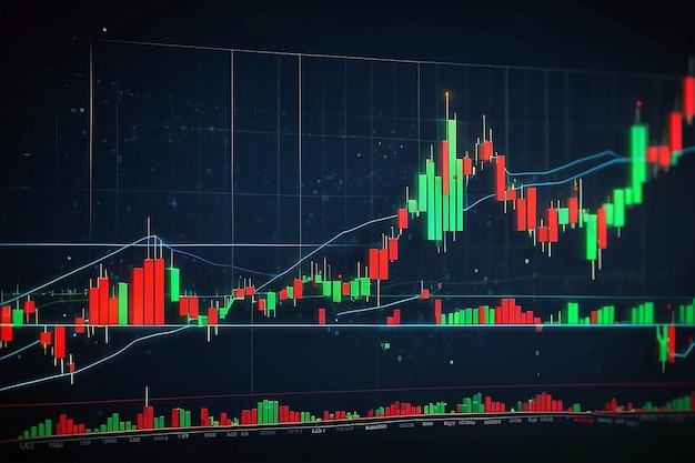 Technical price graph and indicator red and green candlestick chart on blue theme screen