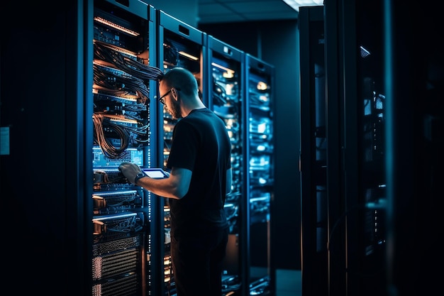 Technician adjusting airflow in a server room for optimal cooling