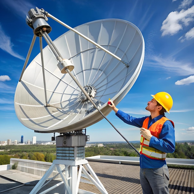 Photo technician adjusting a large parabolic antenna in an industrial area