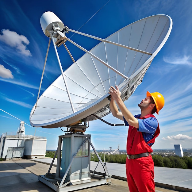 Technician adjusting a large parabolic antenna in an industrial area