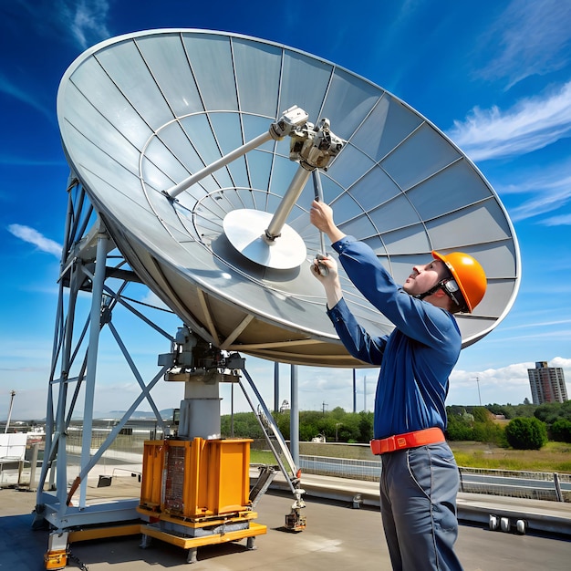 Technician adjusting a large parabolic antenna in an industrial area