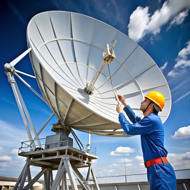 Technician adjusting a large parabolic antenna in an industrial area