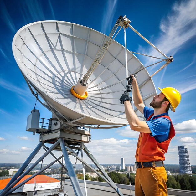 Photo technician adjusting a large parabolic antenna in an industrial area