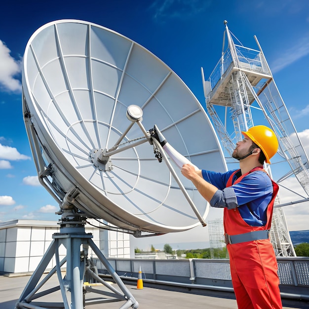 Technician adjusting a large parabolic antenna in an industrial area