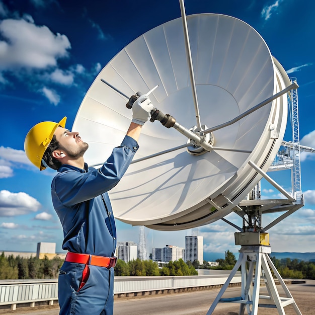 Technician adjusting a large parabolic antenna in an industrial area