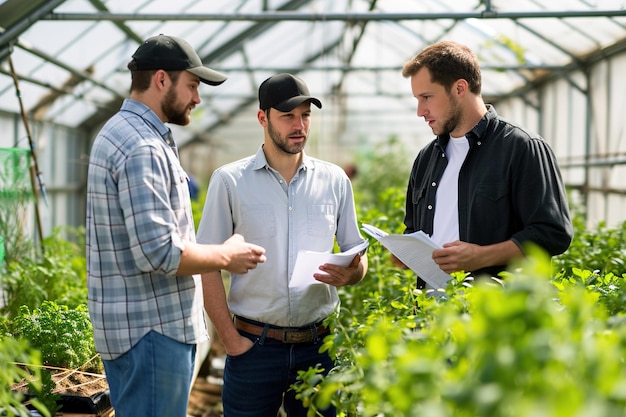 Technician agronomist having discussions with greenhouse farmers sharing insights on pest control