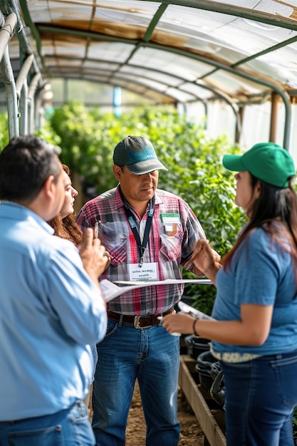 Technician agronomist having discussions with greenhouse farmers sharing insights on pest control