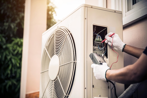 Technician air conditioning repairman using measuring equipment checking electrical at circuit breaker on outdoor air compressor after install and check refrigerant system for maintenance