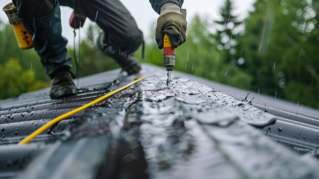 Photo technician applying polyurethane sealant with a manual caulking gun to repair a roof leak