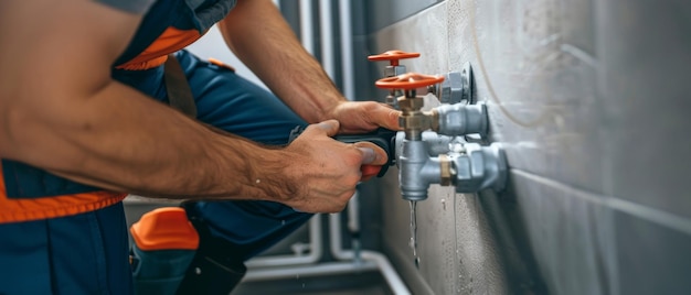 Technician attentively adjusts valves in complex industrial piping system