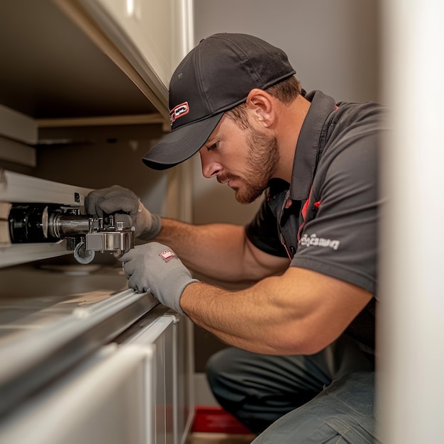 A technician in a black cap and gloves is repairing a refrigerator