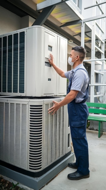 Technician checking the operation of the r conditioner