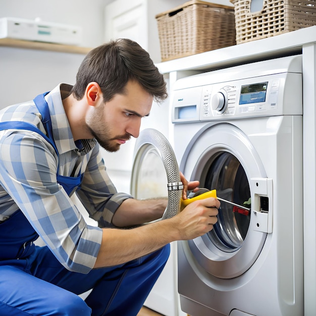 Photo a technician checking the settings on a washing machines control panel