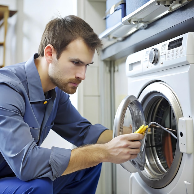 Photo a technician checking the settings on a washing machines control panel