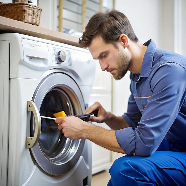 Photo a technician checking the settings on a washing machines control panel