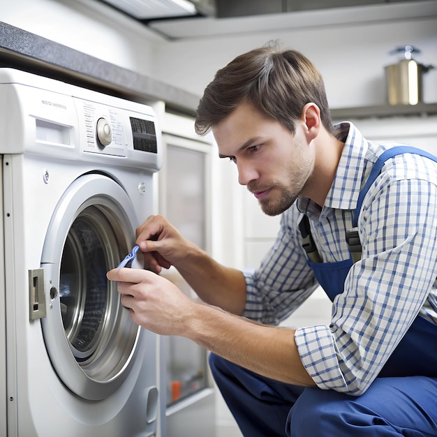 A technician checking the settings on a washing machines control panel