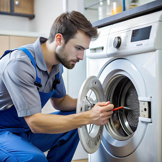 Photo a technician checking the settings on a washing machines control panel