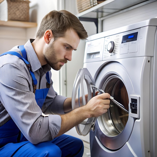 A technician checking the settings on a washing machines control panel