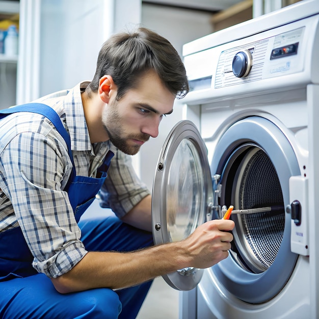 Photo a technician checking the settings on a washing machines control panel