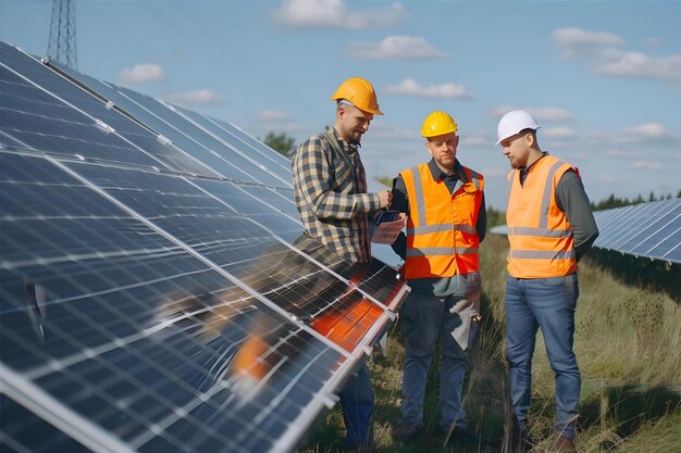 Technician Checks The Maintenance Of The Solar Panels Group Of Three Engineers Meeting At Solar Sta